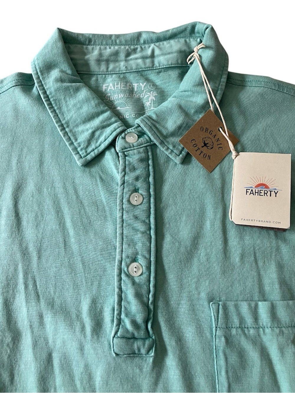 Faherty Polo Sunwashed Shirt Mens L NWT Blue Lagoon Teal Organic Cotton MSRP $98